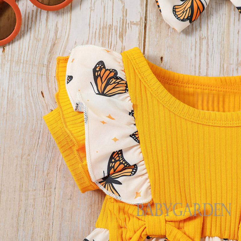 Set Áo Liền Quần &amp; Băng Đô Quấn Đầu In Hình Bướm Cho Bé Gái 0-18 Tháng Tuổi