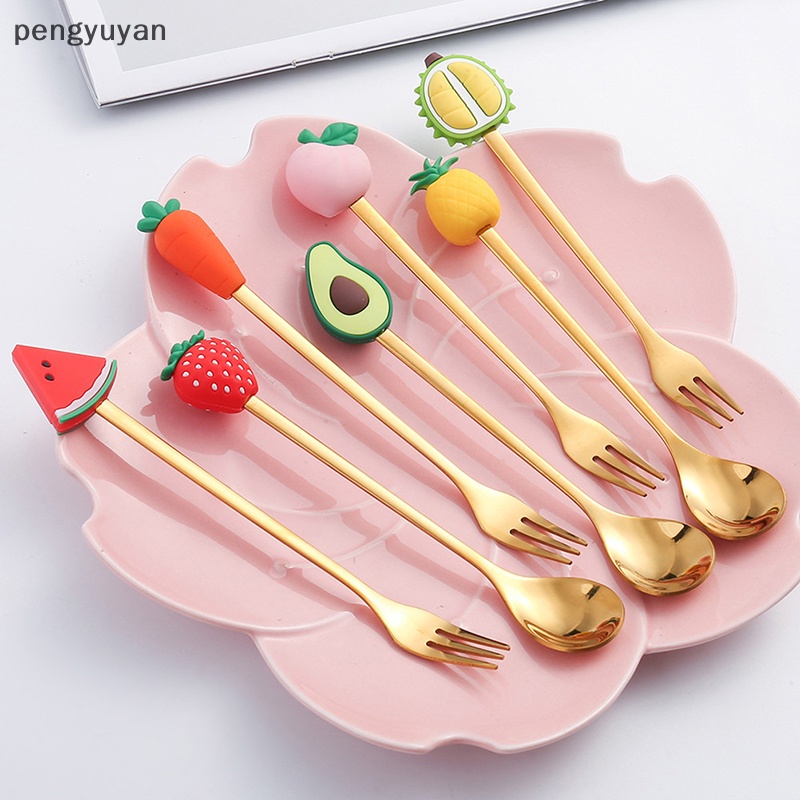 Bộ Muỗng Nĩa Ăn Trái Cây / Tráng Miệng Bằng Thép Không Gỉ Hình Hoạt Hình Dành Cho Trẻ Em