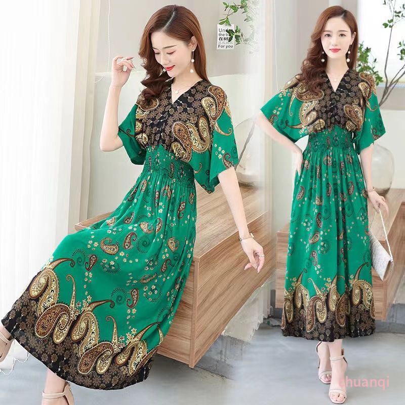 Đầm Cotton Lụa Dáng Chữ A Lưng Cao Cổ Chữ V In Họa Tiết Hoa Phong Cách Bohemian Thời Trang Mùa Hè Hàng Mới
