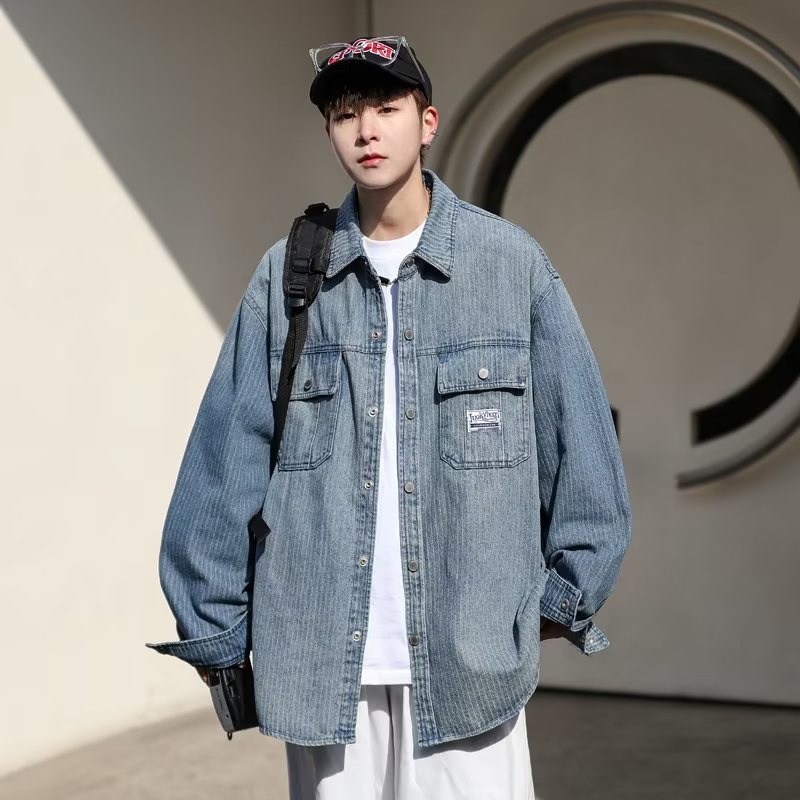 Áo Khoác Denim Kẻ Sọc Dọc Dáng Rộng Kiểu Đường Phố Mỹ Thời Trang Xuân Thu Cho Nam
