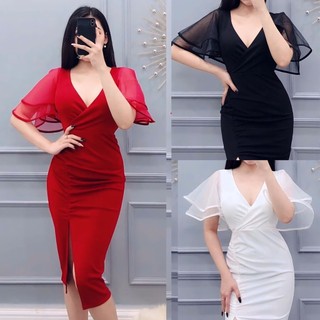 Đầm nữ body xẻ vai cánh sen trắng đen đỏ by8124