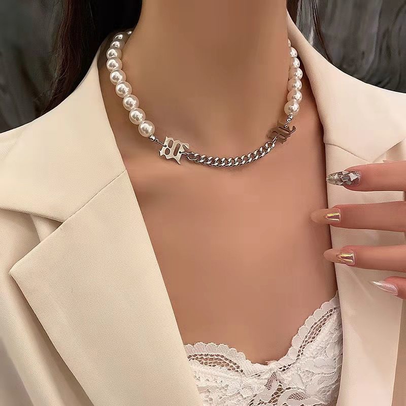 Vòng cổ Chuỗi Ngọc Trai Khắc Chữ Phong Cách Punk Hip Hop Sáng Tạo Có Thể Điều Chỉnh Dành Cho Cặp Đôi