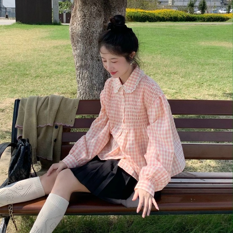 Set Áo Sơ Mi Tay Dài Form Rộng Họa Tiết Sọc Caro Và Chân Váy Màu Trơn Ngọt Ngào