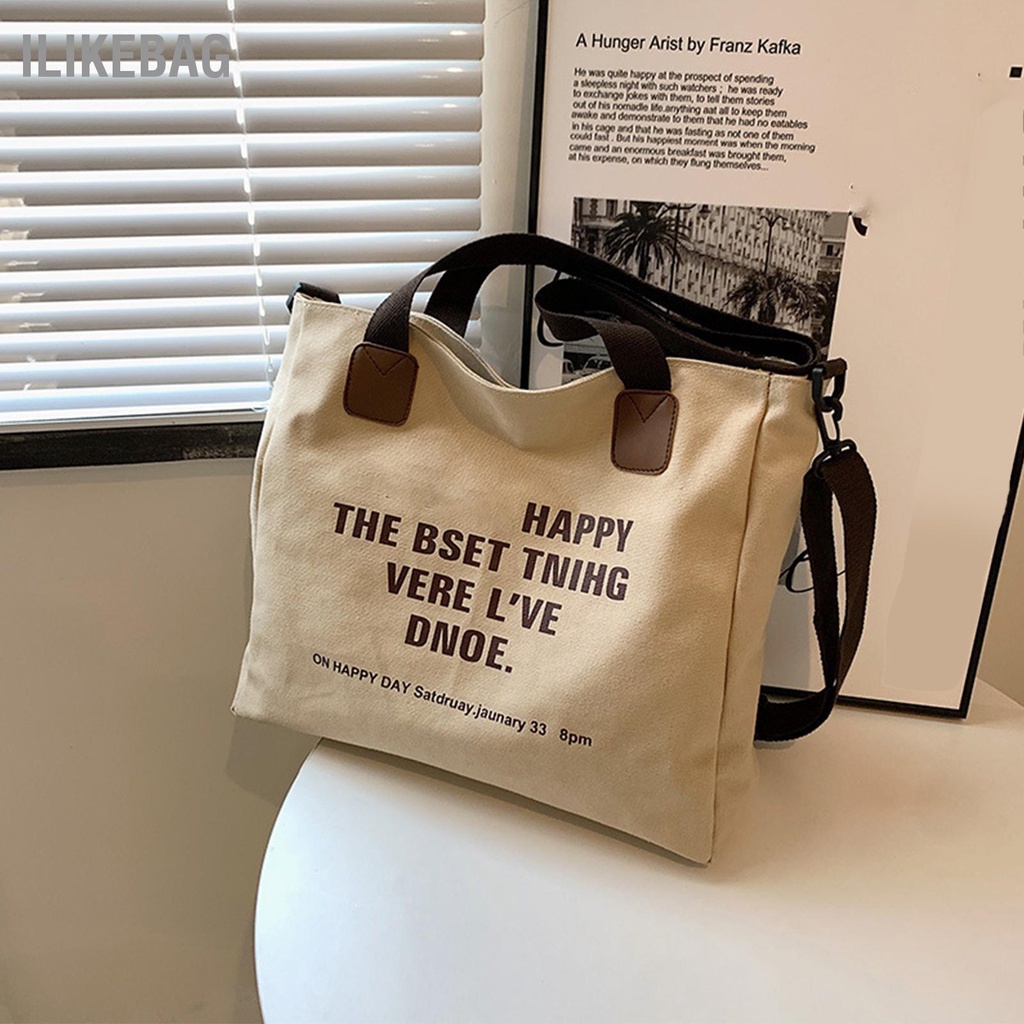 Ilikebag Đơn Giản Túi Vải Nữ Công Suất Lớn Xách In Chữ Có Dây Kéo