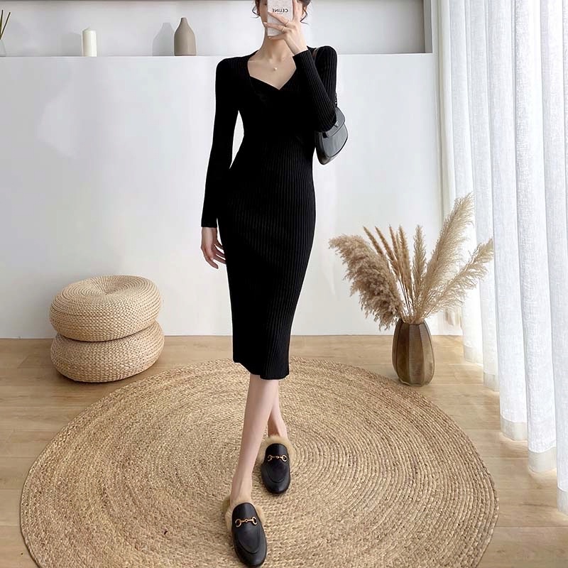 Aphrod Đầm sweater Dệt Kim Ôm Dáng Dài Thắt Nút Xoắn Phong Cách Pháp Mới Cho Nữ