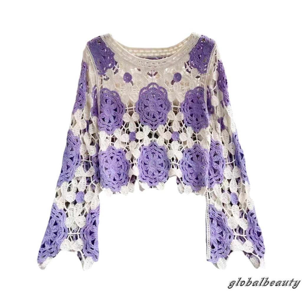 Áo Croptop Dệt Kim Tay Dài Cổ Tròn In Họa Tiết Hoa Thời Trang Xuân Hè Cho Nữ