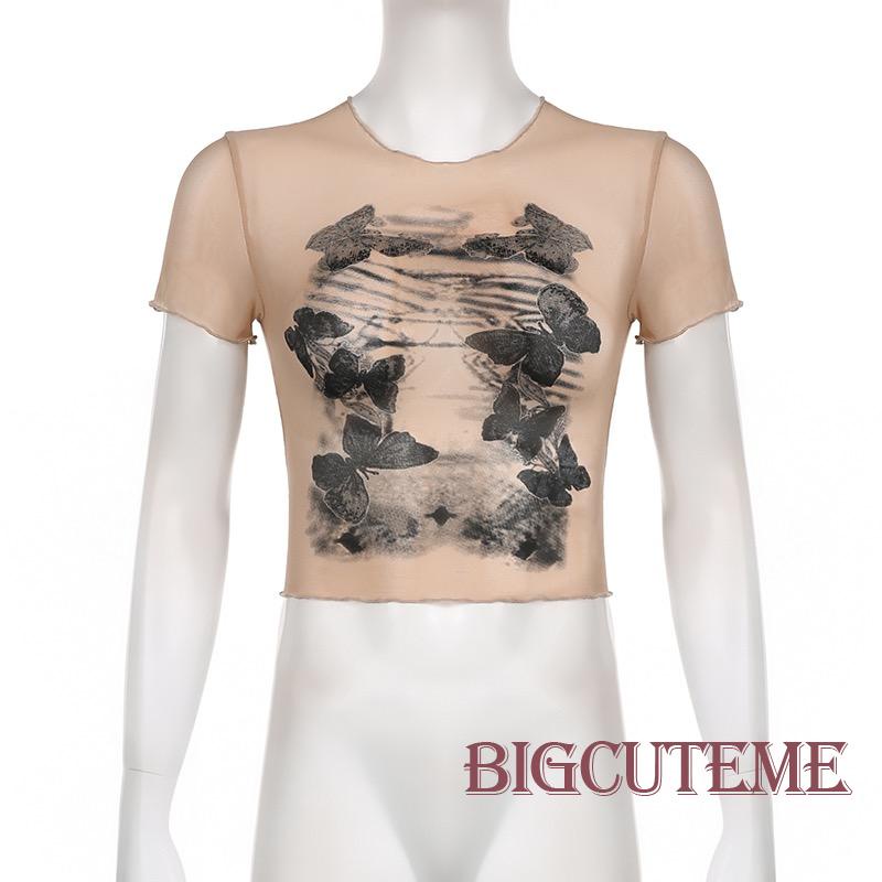 Áo Thun Lưới Tay Ngắn Cổ Tròn Xuyên Thấu In Họa Tiết Bươm Bướm Phong Cách Retro Dành Cho Nữ