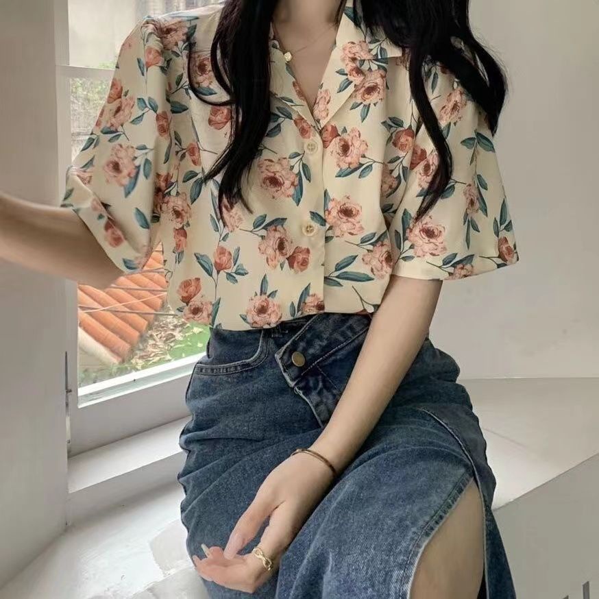 Áo Sơ Mi Chiffon Tay Lửng In Họa Tiết Hoa Thời Trang Hàn Quốc Dành Cho Nữ