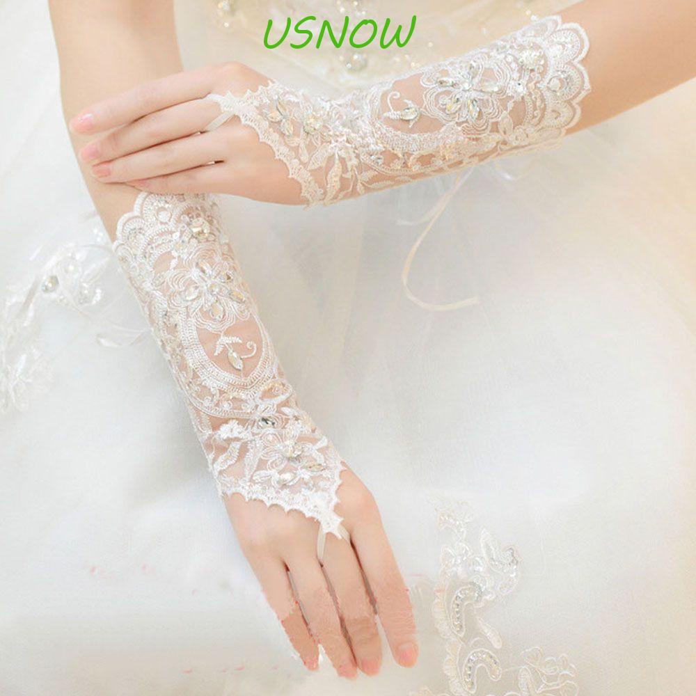 USNOW Găng Tay Cô Dâu Hở Ngón Đính Hạt Giả Kim Cương