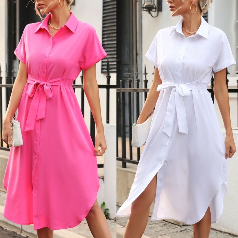 Đầm Midi Ngắn Tay Dáng Rộng Cài Nút Thắt Eo Thời Trang Mùa Hè Cho Nữ