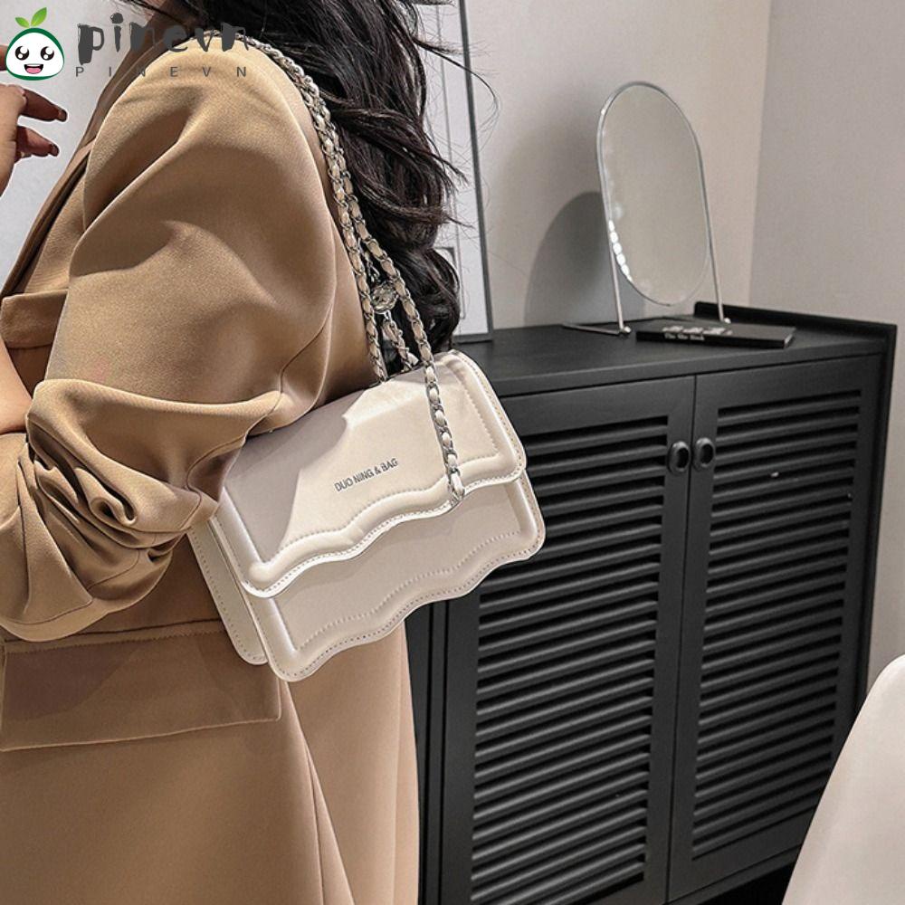 PINEVN Túi Đeo Vai Hình Vuông Màu Trơn Họa Tiết Lượn Sóng Phối Dây Xích Thời Trang Mùa Xuân Cho Nữ