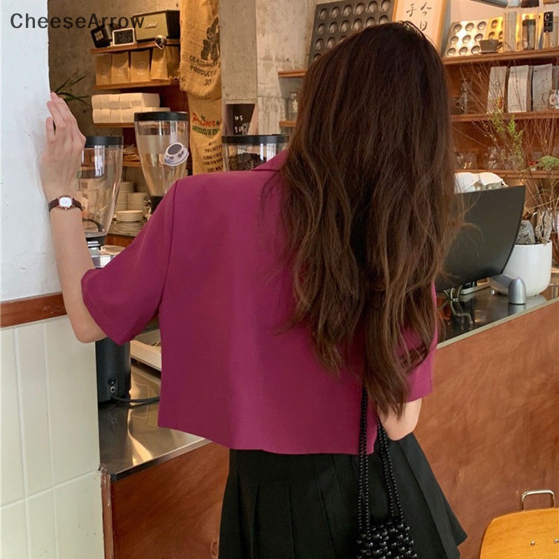 [CHAW] Áo Khoác Blazer Tay Ngắn Màu Trơn Dễ Phối Đồ Phong Cách Hàn Quốc Thời Trang Mùa Hè Dành Cho Nữ