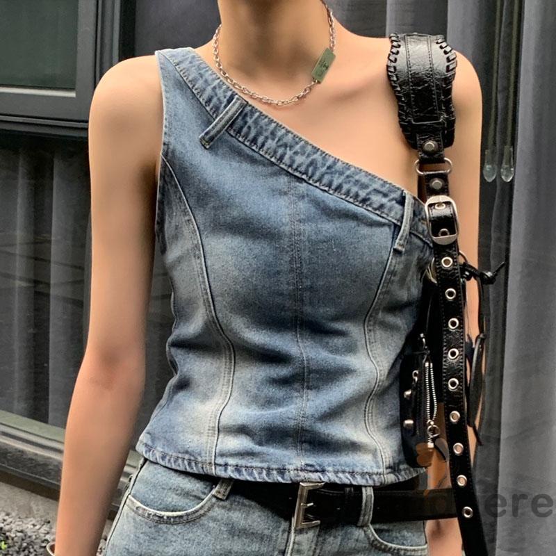 Áo Ống Denim Mỏng Lệch Vai Thời Trang Mùa Hè Cá Tính Cho Nữ