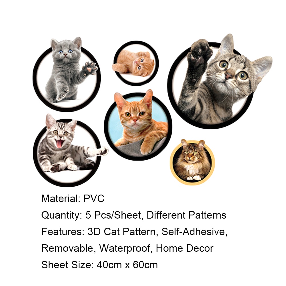 Set 5 Miếng Dán Tường Trang Trí Hình Mèo 3D Dễ Thương Tháo Gỡ Được Dành Cho Phòng Ngủ Của Bé