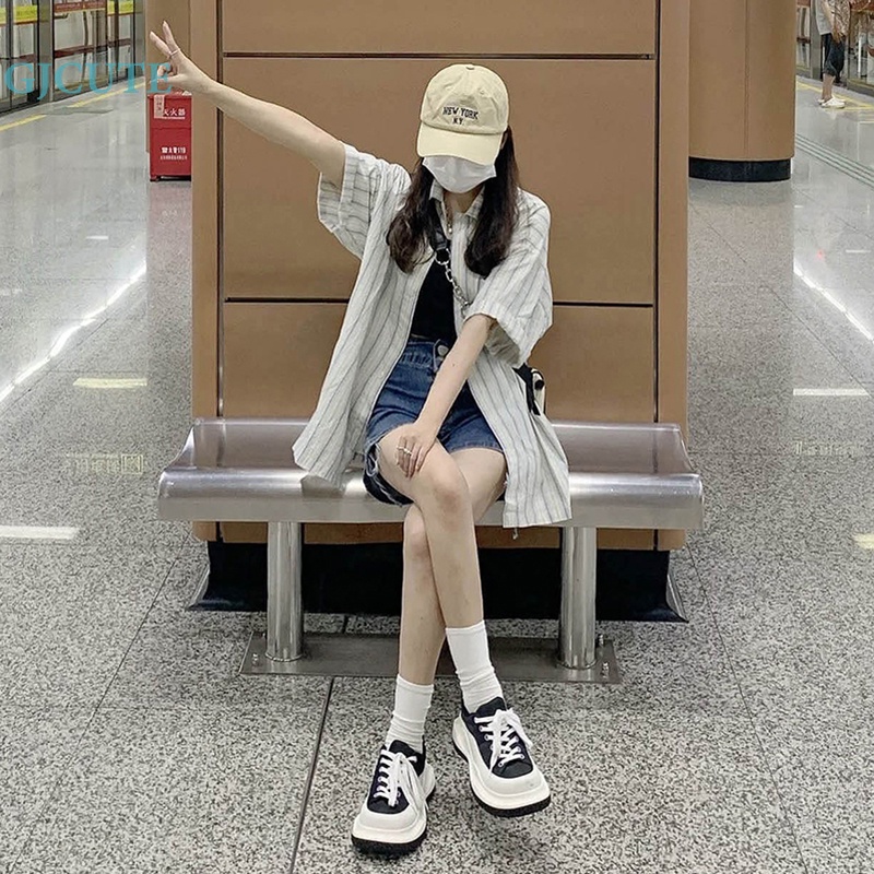 Áo Sơ Mi Mỏng Tay Ngắn Dáng Rộng Thoáng Khí In Họa Tiết Kẻ Sọc Kiểu Retro Xinh Xắn Cho Nữ