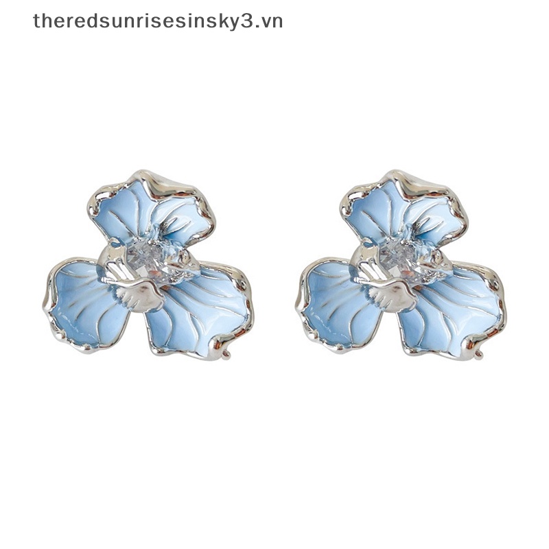 Bông Tai Hình Hoa Đính Pha Lê Màu Xanh Dương Phong Cách Hàn Quốc Cổ Điển Thời Trang Cho Nữ