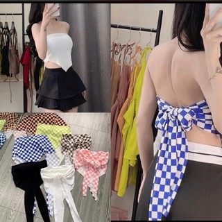 Áo yếm cột nơ vải gân caro có mút