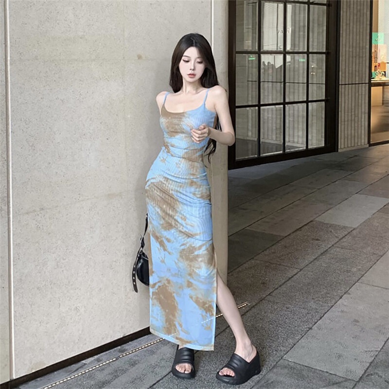 Klalien Đầm Maxi Hai Dây Ôm Dáng Xẻ Tà Họa Tiết Màu Nhuộm Phong Cách Vintage Thanh Lịch Thời Trang Cho Nữ