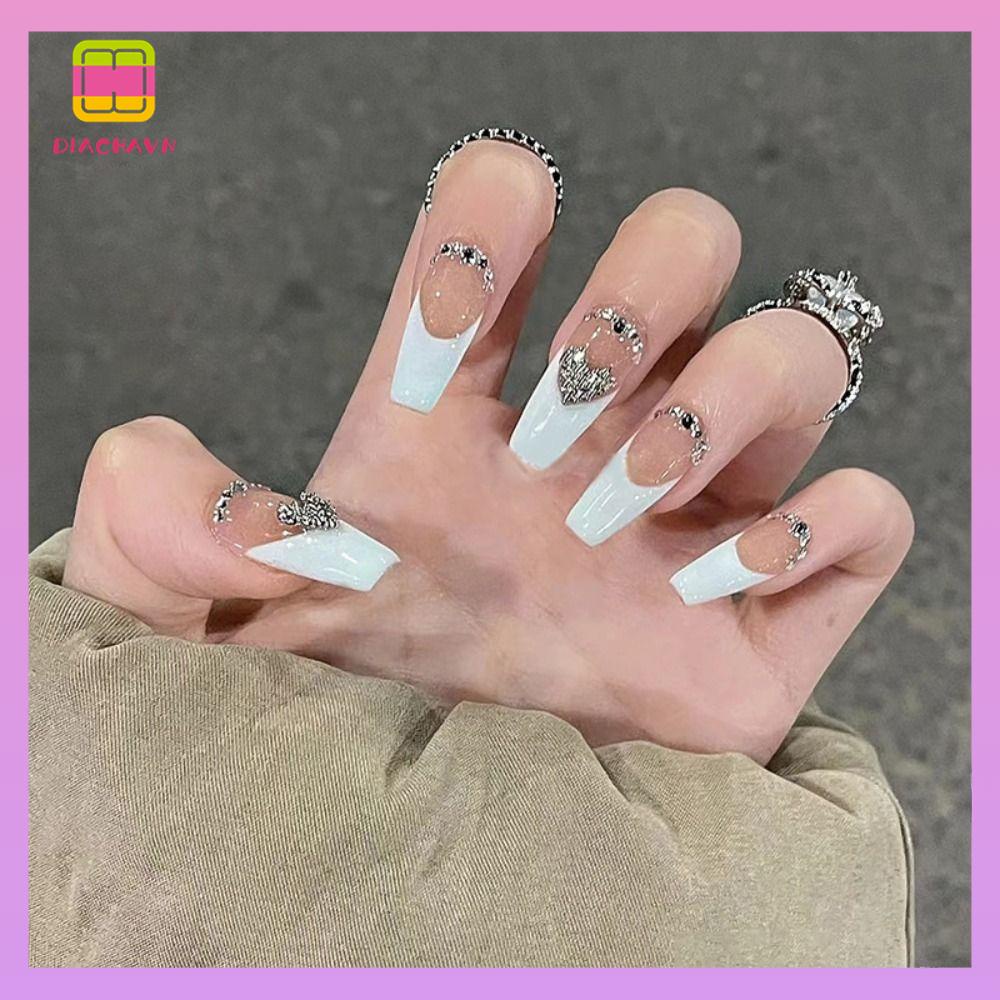 DIACHAVN Bộ 24 Móng Tay Giả Che Phủ Toàn Diện Đính Đá Xinh Xắn
