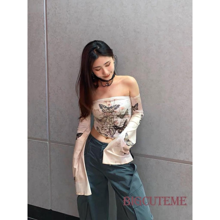Áo Croptop Trễ Vai Dài Tay In Họa Tiết Hoa Bướm Thời Trang Dành Cho Nữ