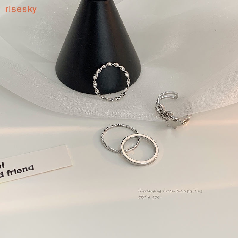 Set 4 Nhẫn Kim Loại Hình Bướm Phong Cách Punk Thời Trang Cho Nữ