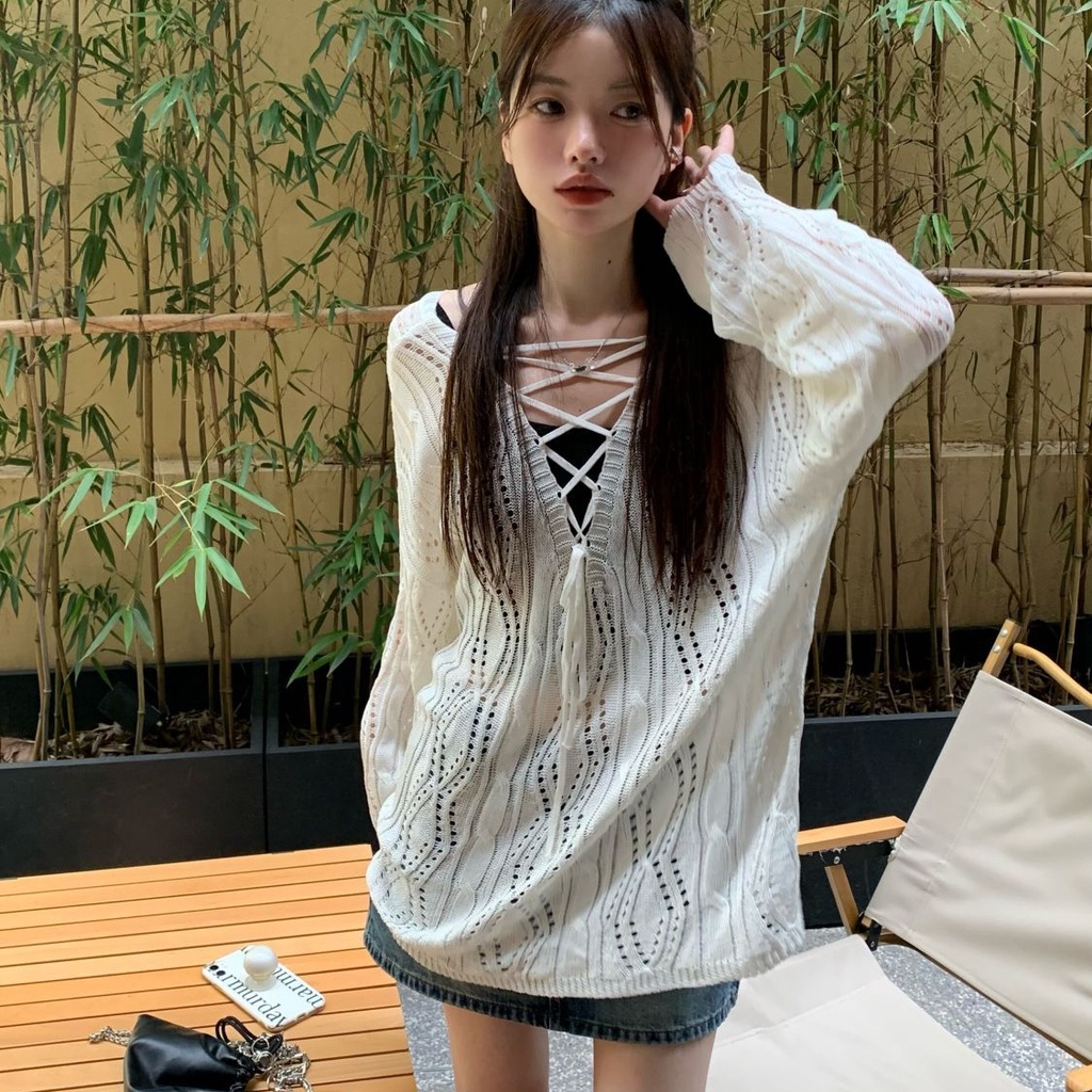 IELGY Áo sweater Dệt Kim Mỏng Tay Dài Khoét Lỗ Phong Cách Hàn Quốc Cho Nữ