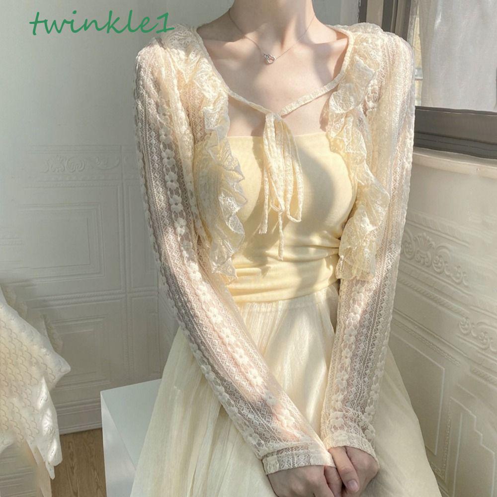 TWINKLE Áo Choàng Chiffon Phối Ren Dài Tay Chống Nắng Phong Cách Cổ Điển Thời Trang Mùa Hè Cho Nữ