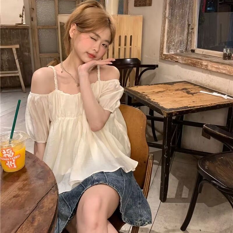 Áo Sơ Mi chiffon Tay Ngắn Hở Vai Dáng Rộng Phong Cách Nhật Bản Dành Cho Nữ