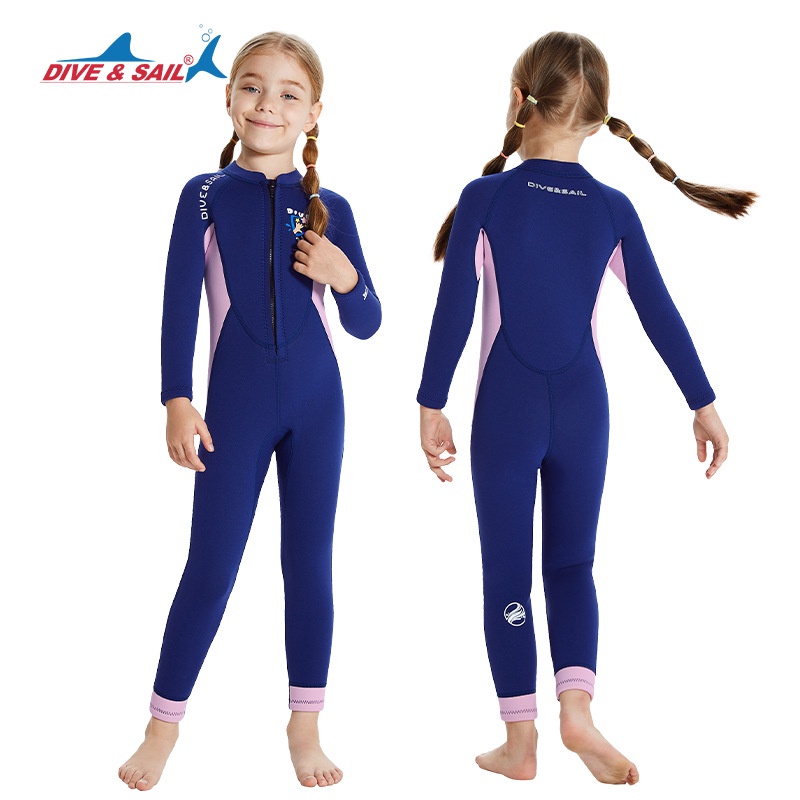 Đồ bơi giữ nhiệt bé gái tay dài quần dài dây kéo trước dày 2.5mm chống UV hiệu Dive & Sail M153576