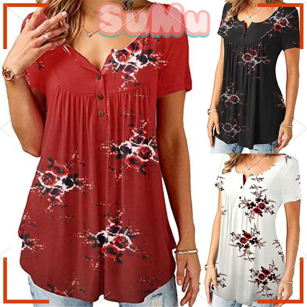 SUMU Áo Kiểu Tay Ngắn Phối Nút Thiết Kế Dáng Rộng Thoải Mái