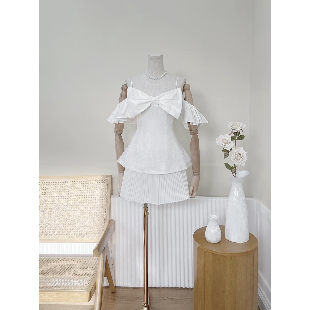 Áo peplum 2 dây nơ to tay rớt vải gân xượt siêu đẹp