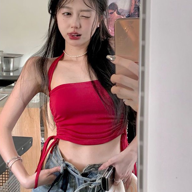 IELGY Áo Hai Dây Cổ Yếm Rút Dây Màu Đỏ Quyến Rũ Thời Trang Cho Nữ