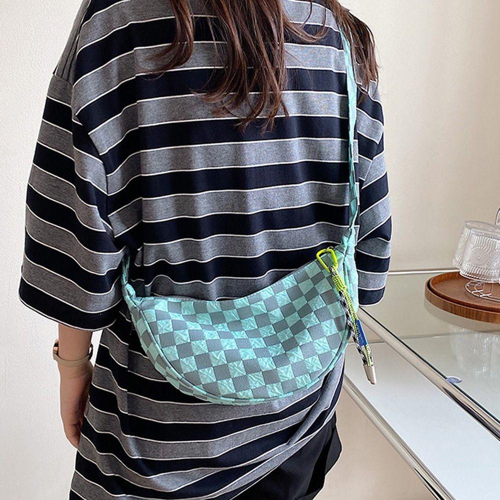 FALLFORBEAUTY Túi Đeo Chéo Bằng Nylon Mềm Nhẹ Họa Tiết Sọc Caro Hình Bán Nguyệt Và Mặt Trăng