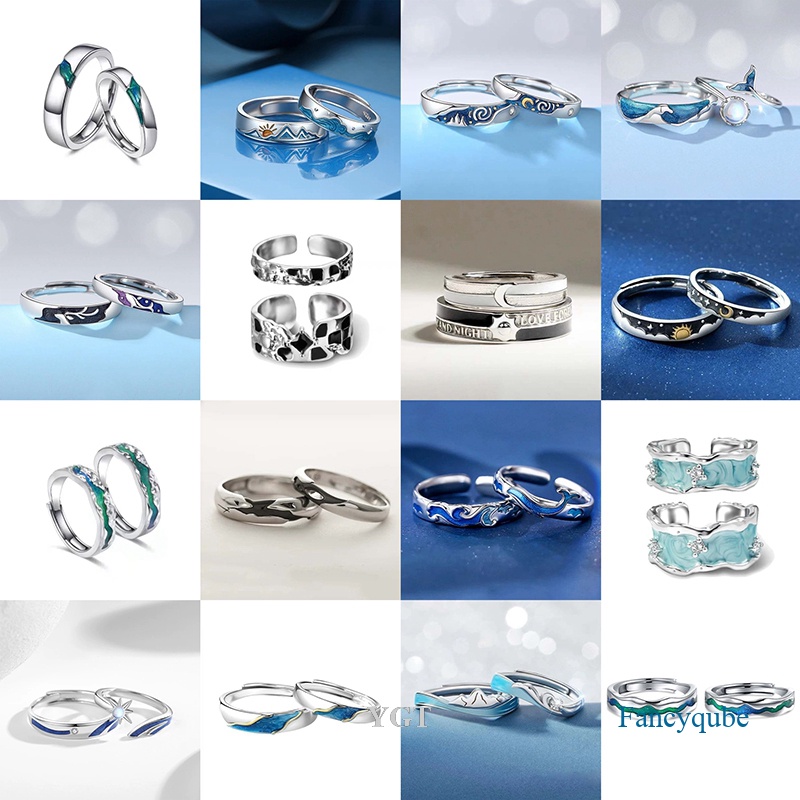 Ygt Bộ 2 Nhẫn Cưới Mạ Bạc Đính Đá Zircon Hình Ngọn Núi / Mặt Trời / Mặt Trăng Có Thể Điều Chỉnh Kích