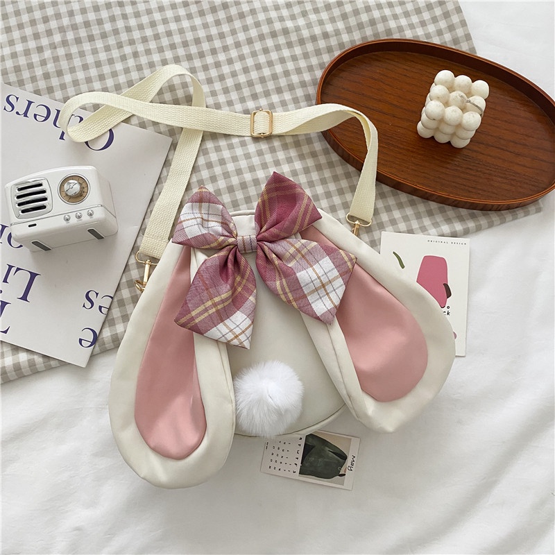 Túi Đeo Chéo Vải Canvas Đính Nơ Tai Thỏ Dễ Thương Cho Nữ