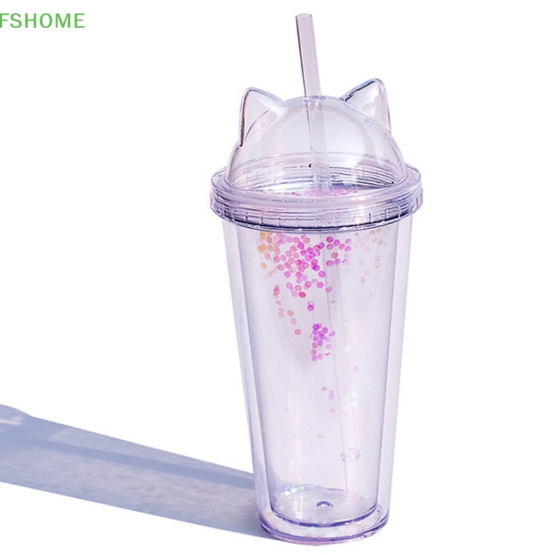 Fshome Cốc Đôi Cách Nhiệt Hai Lớp Có Nắp Và Ống Hút Ánh Kim Đơn Giản Dùng Khi Đi Mua Sắm Du Lịch Nóng Lạnh