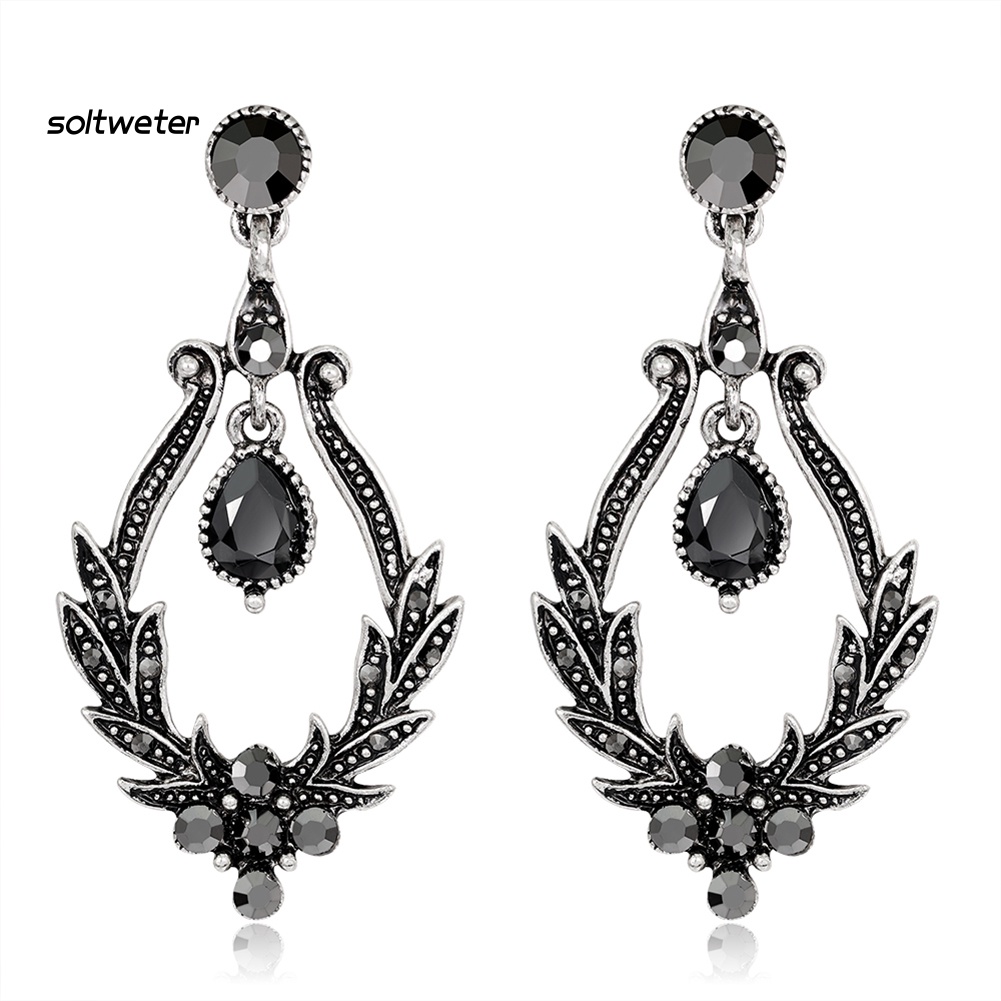 Khuyên Tai Nữ Trang Dáng Dài Tạo Hình Chiếc Lá Đính Đá Đen Phong Cách Vintage