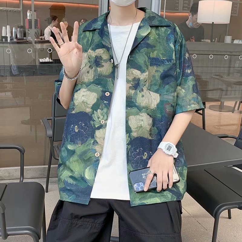 Áo Sơ Mi Lụa Lạnh Tay Ngắn Dáng Rộng In Hình Tranh Sơn Dầu Phong Cách Hàn Quốc Cho Nam