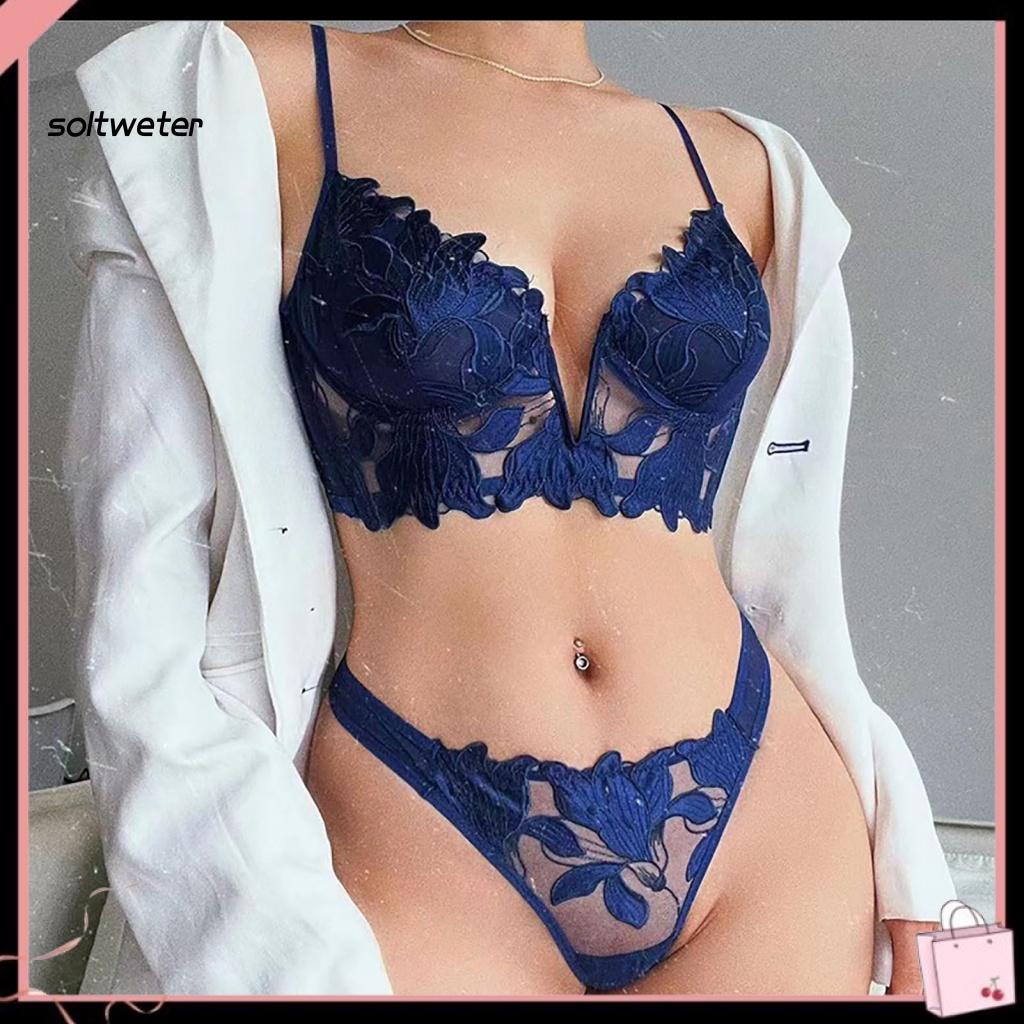 Bộ Đồ Lót 2 Mảnh Áo Ngực Cổ Chữ V Khoét Sâu Phối Ren Thêu Hoa Quyến Rũ