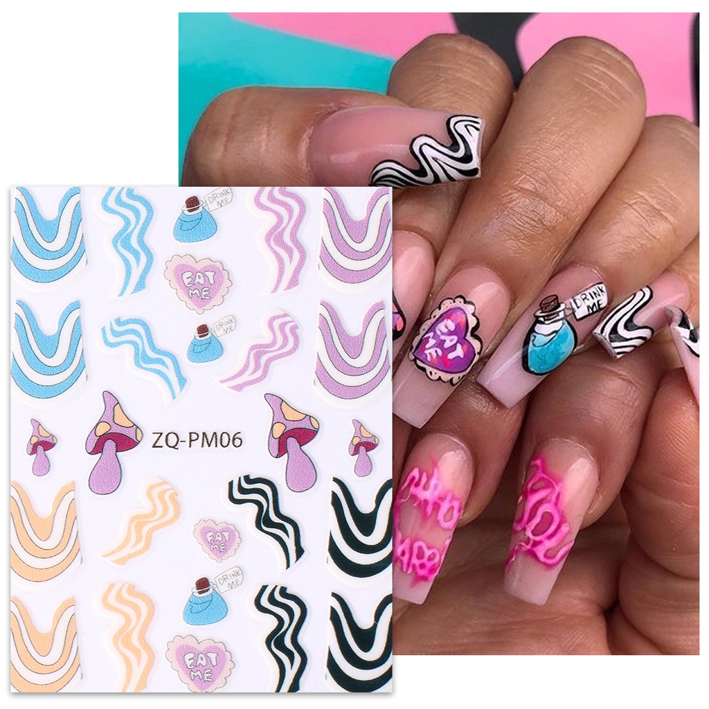 Miếng Dán Trang Trí Móng Tay In Chữ Tiếng Anh Flying Saucer Love Nấm Dopamine Màu Sắc Mùa Hè Y2K