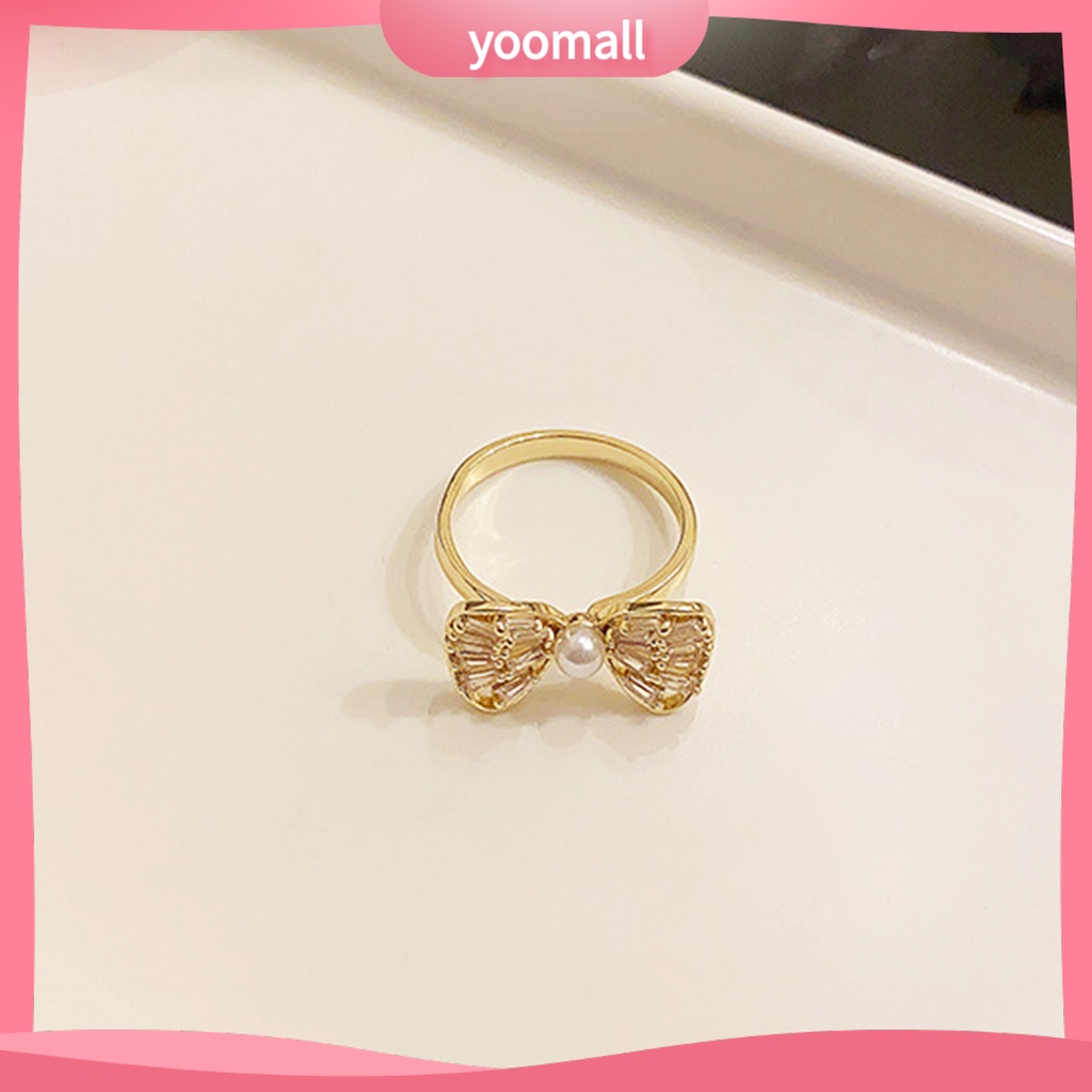 [YM] Nhẫn Đeo Ngón Trỏ Hình Nơ Rỗng Đính Đá Zircon Trọng Lượng Nhẹ Có Thể Điều Chỉnh Trang Sức Cho Nữ