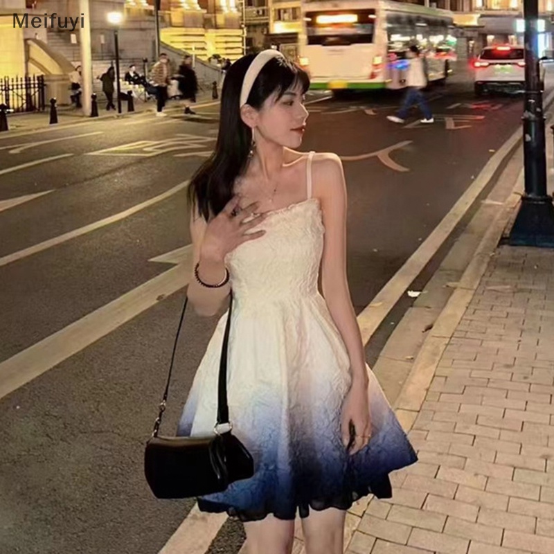 [Meifuyi] Gradient Mini Dress Women Spaghetti Strap A-line Daily Casual Party Dresses COD