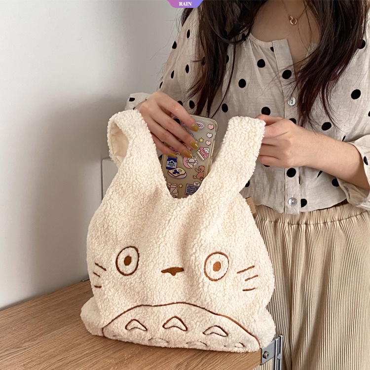 Túi Xách Vải Nhung Mềm Thêu Hình Totoro Dễ Thương Sức Chứa Lớn Cho Nữ