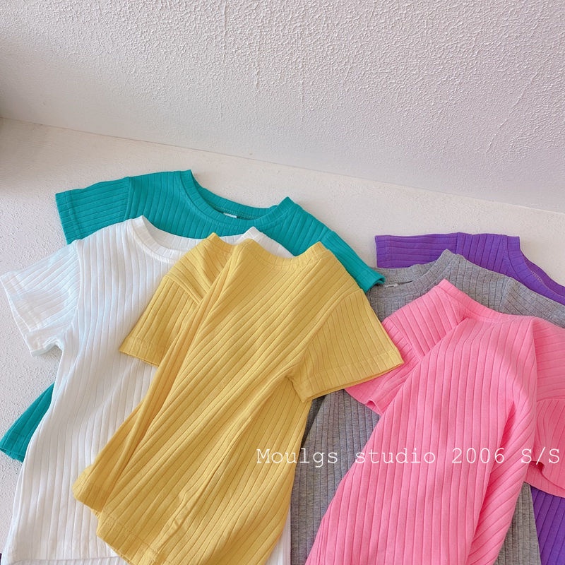 Áo Thun Tay Ngắn Cổ Tròn Họa Tiết Sọc Ngang Màu Sắc Ngọt Ngào Thời Trang Mùa Hè Xinh Xắn Cho Bé Gái