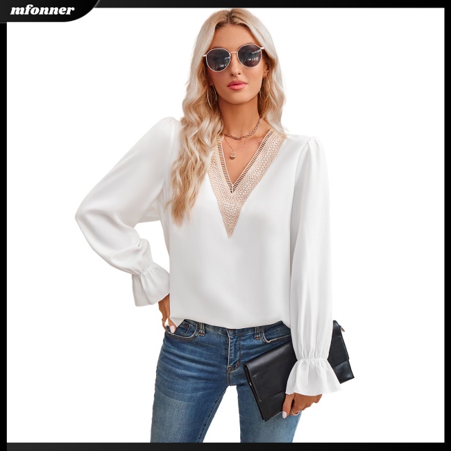 Áo Ren Tay Dài Cổ Chữ V Màu Sắc Thanh Lịch Dành Cho Nữ