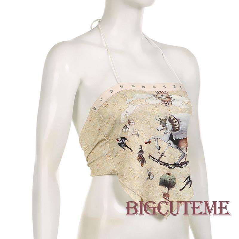 [] - Áo Hai Dây Không Tay Hở Lưng Thắt Nút Không Đối Xứng In Hình Cổ Điển Cho Nữ