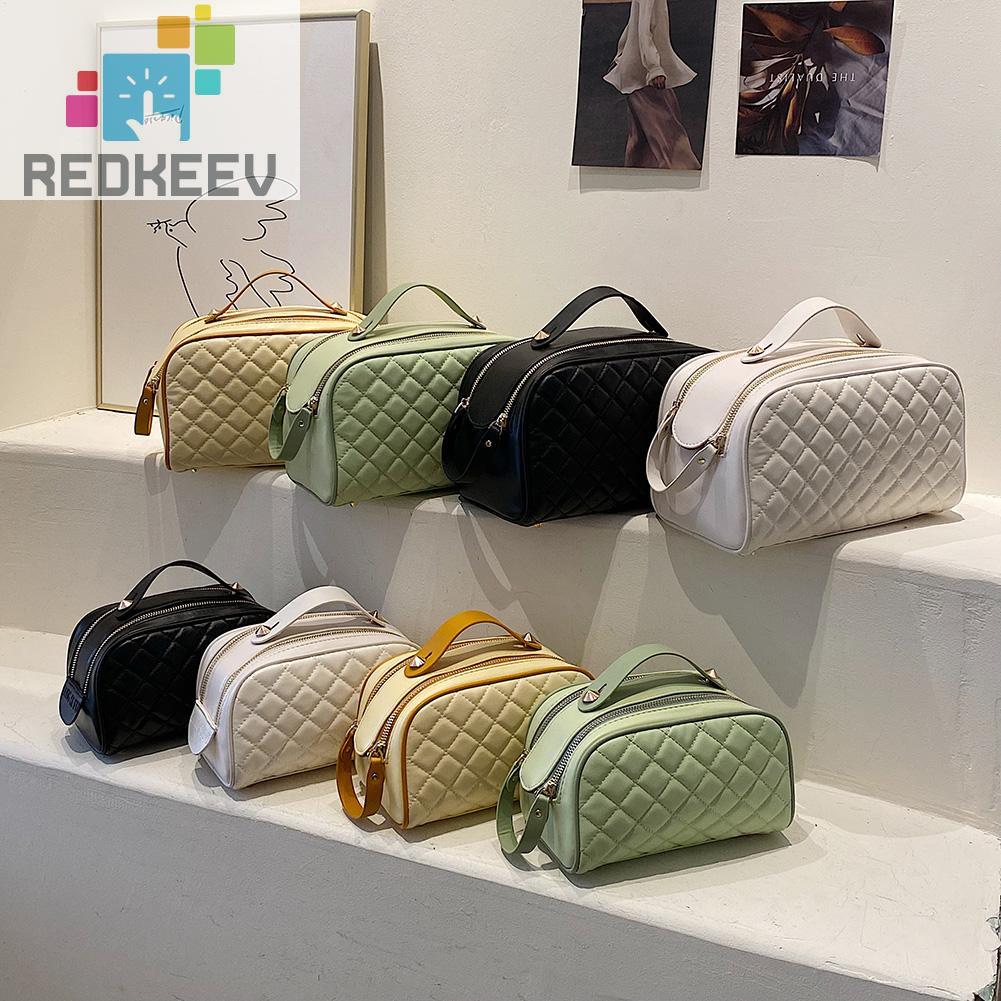 Túi Đựng Mỹ Phẩm Da PU Có Khóa Kéo Họa Tiết Kim Cương Sang Trọng Cho Nữ