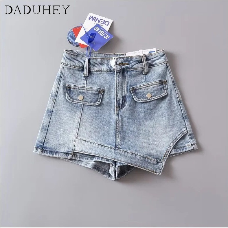 Chân váy denim DADUHEY dáng chữ A lưng cao mỏng túi hông phong cách retro Mỹ mới