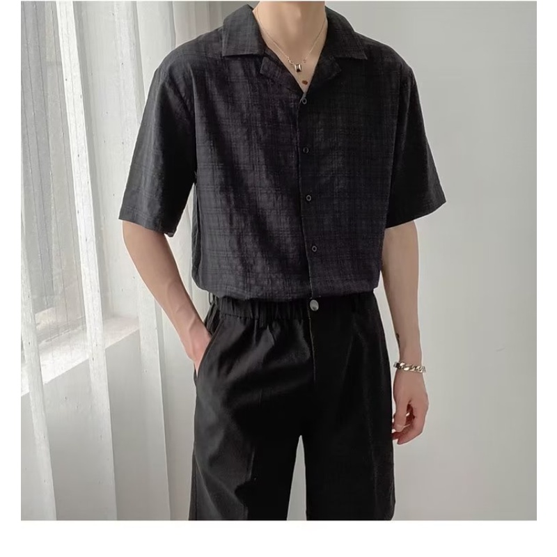 Áo Sơ Mi Nam Tay Ngắn Dáng Rộng Họa Tiết Caro Phong Cách Hàn Quốc