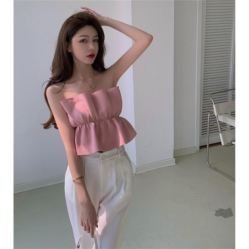 Áo Ống Dáng Ngắn Viền Lá Sen Màu Trơn Thiết Kế Phong Cách Mới Cho Nữ